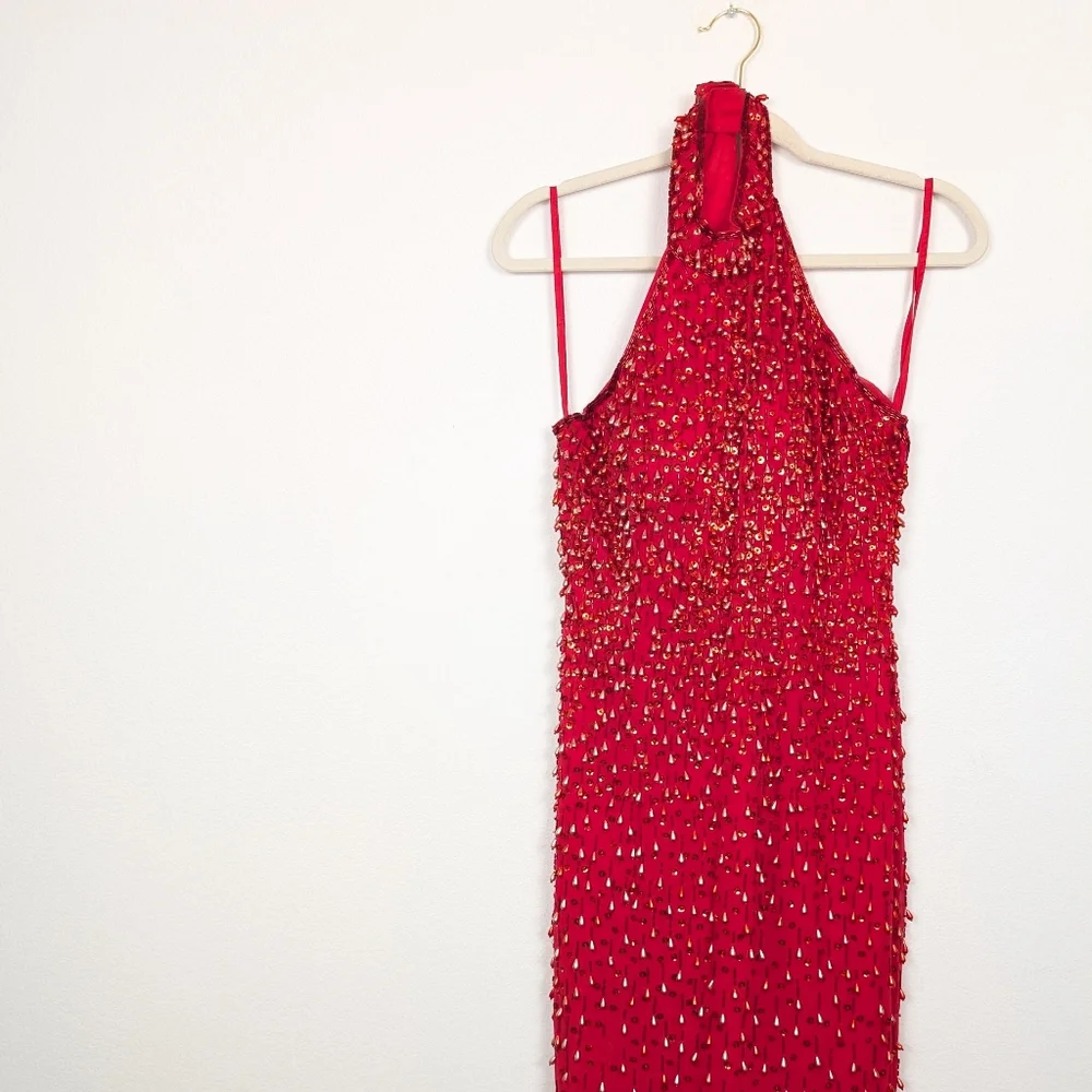 Vintage Alyce Designs Red Beaded Halter Slit Formal Gown Size 10 - Picture 3 of 8